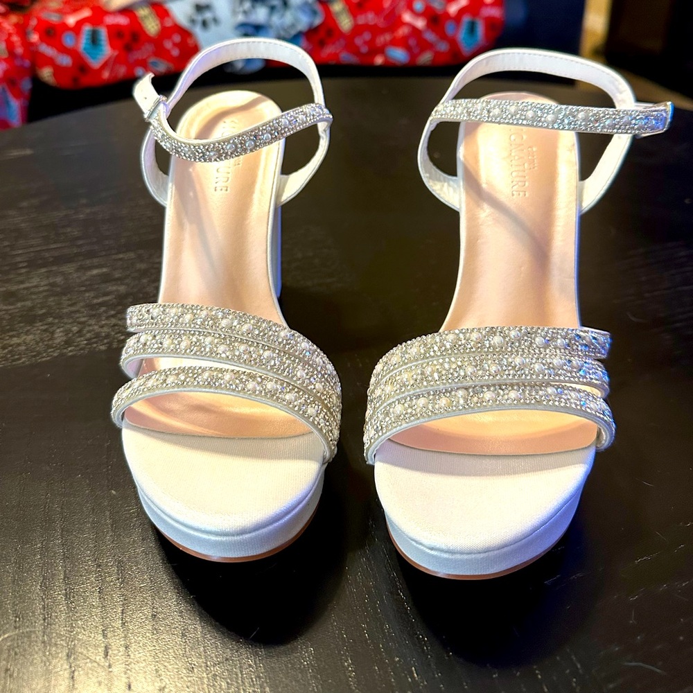 Embellished White Platform Heels with Ankle Strap